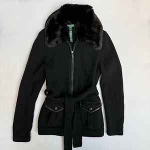 Lauren Ralph Lauren black wool blend cardigan with a faux fur collar Size M